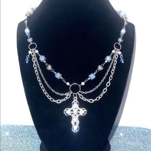 Gothic cross blue pearl chain layered necklace